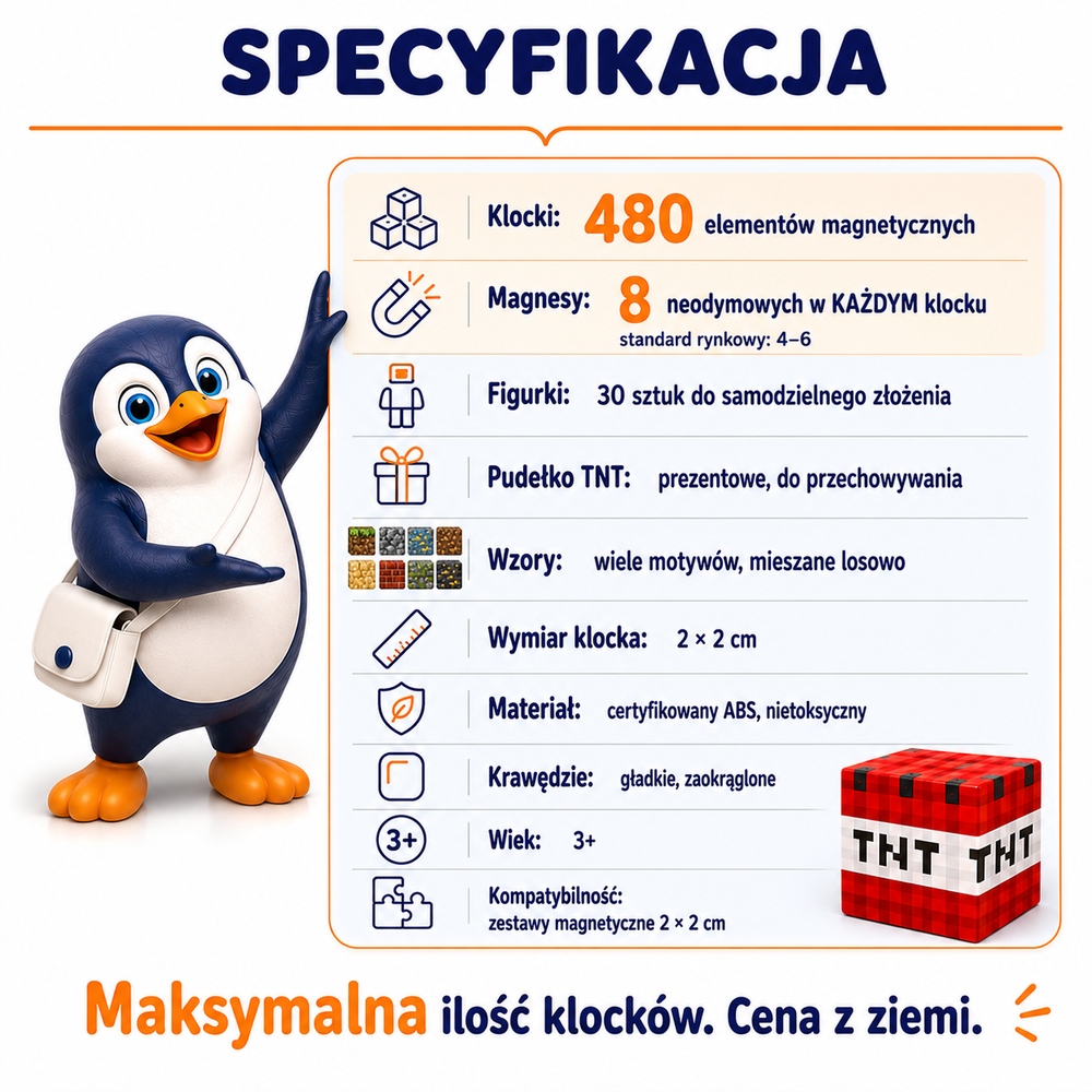 Klocki Magnetyczne Pixele 3D 480 elementów + 30 Figurek + Pudełko TNT