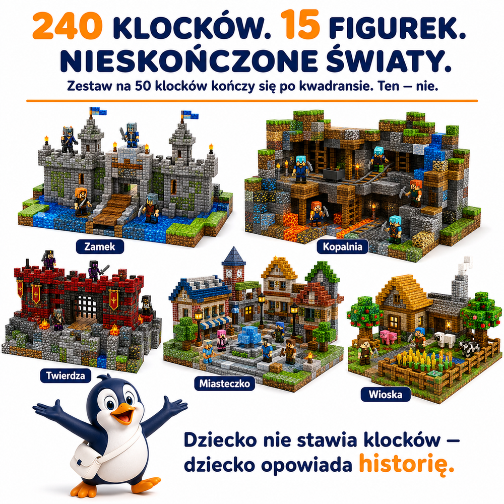 Klocki Magnetyczne Pixele 3D 240 elementów + 15 Figurek + Pudełko TNT