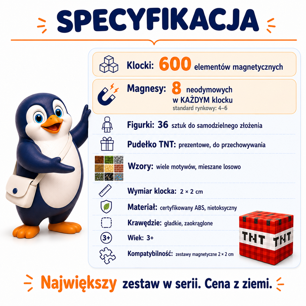 Klocki Magnetyczne Pixele 3D 600 elementów + 36 Figurek + Pudełko TNT