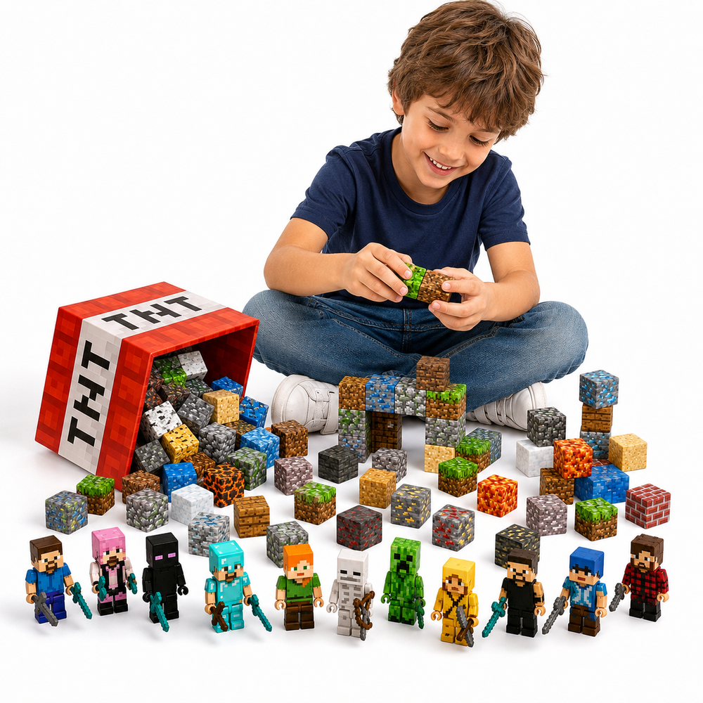 Klocki Magnetyczne Pixele 3D 180 elementów + 12 Figurek + Pudełko TNT