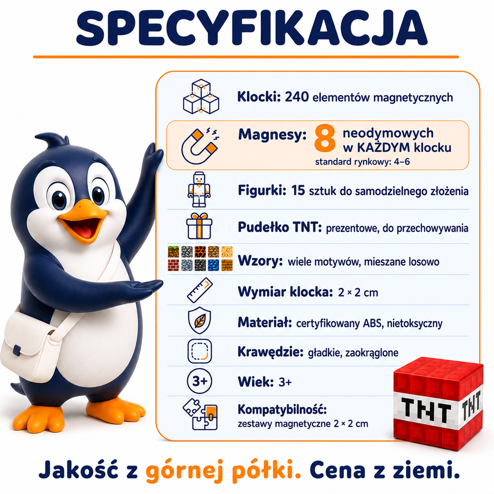 Klocki Magnetyczne Pixele 3D 240 elementów + 15 Figurek + Pudełko TNT