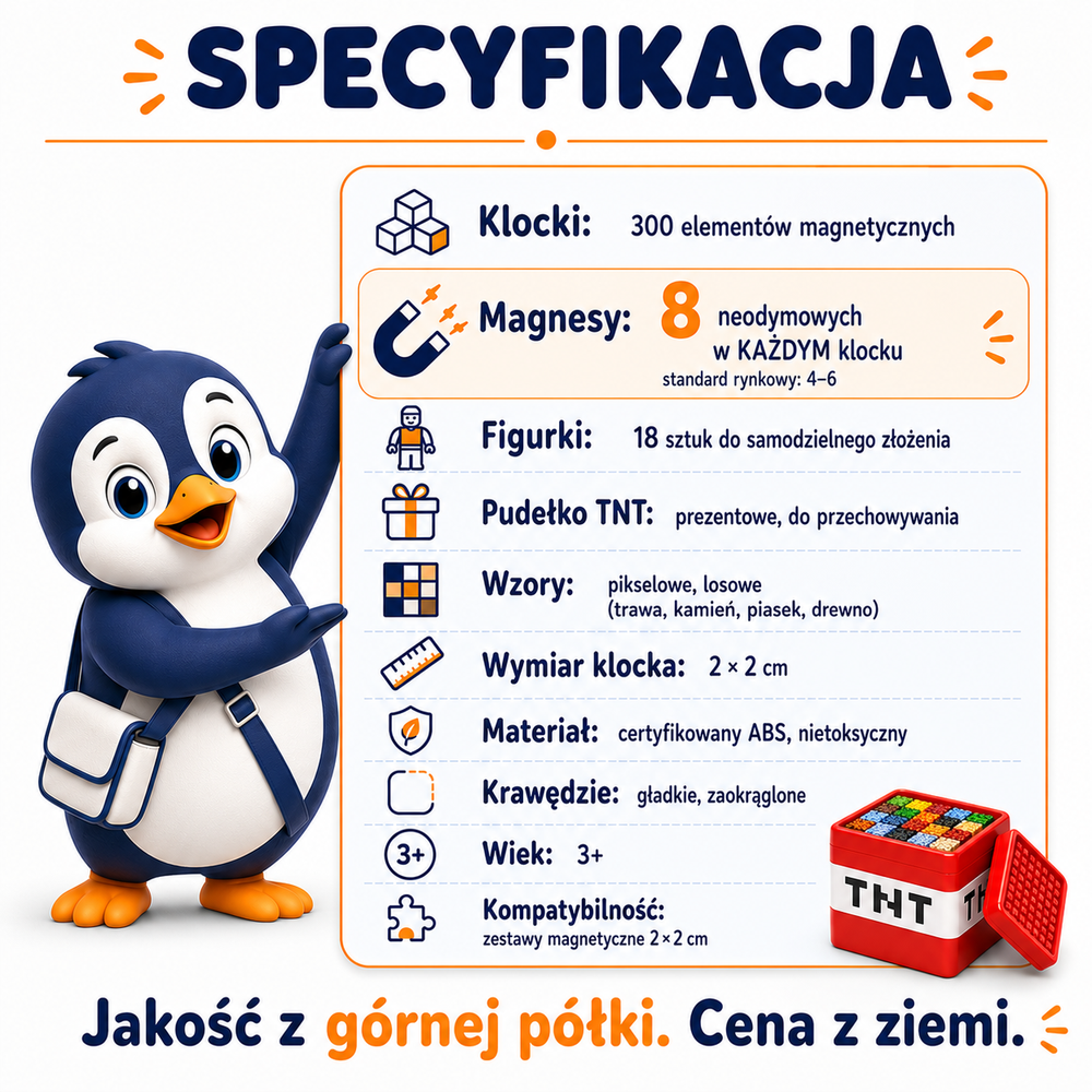 Klocki Magnetyczne Pixele 3D 300 elementów + 18 Figurek + Pudełko TNT