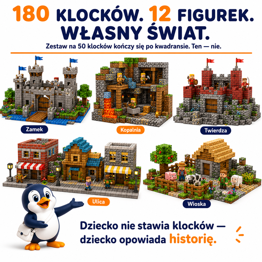 Klocki Magnetyczne Pixele 3D 180 elementów + 12 Figurek + Pudełko TNT