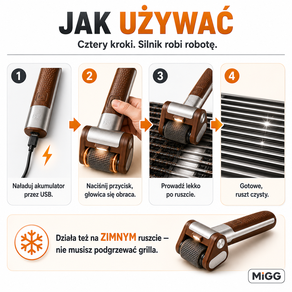 Elektryczny Czyścik do Grilla Bezprzewodowy Bez Drutu LED Stal Nierdzewna