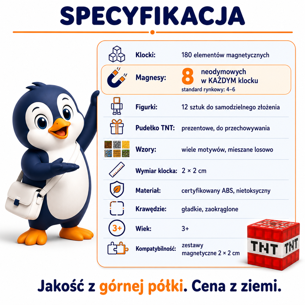 Klocki Magnetyczne Pixele 3D 180 elementów + 12 Figurek + Pudełko TNT